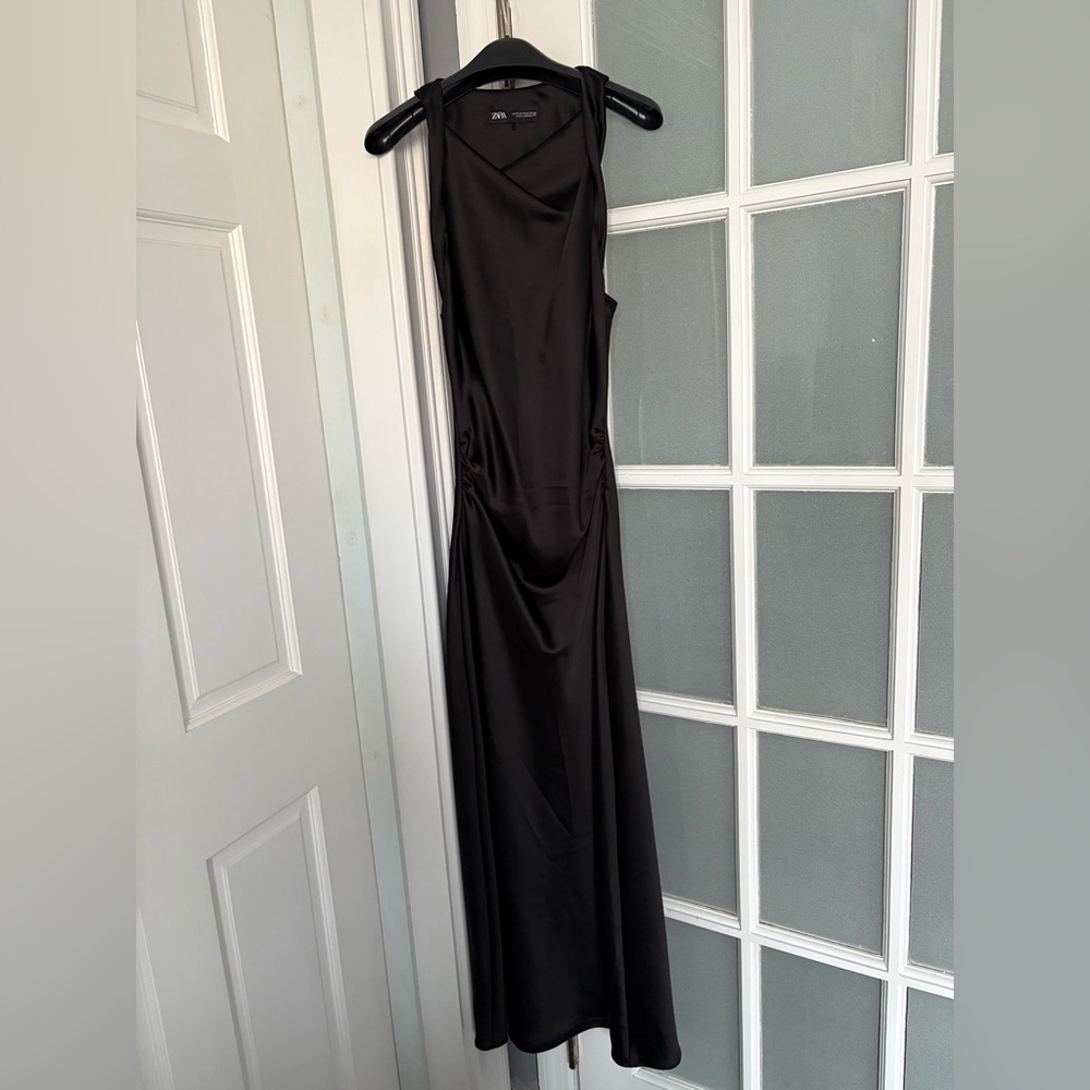 Zara Black Stretch Satin Ruched Fitted Maxi Cocktail Dress – Size XS - Picture 2 of 8